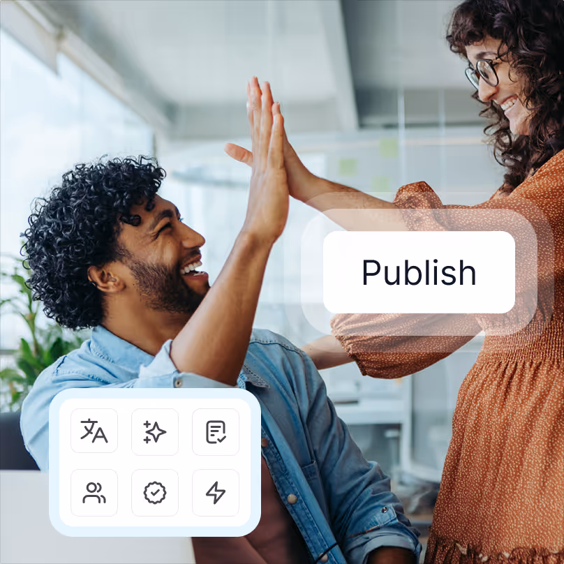 Two colleagues giving each other a high-five in a bright office with a 'Publish' button and icon overlay.